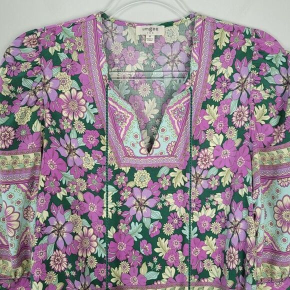 Umgee Size M Floral Blouse 3/4 Sleeve Bohemian Tassel Rayon Purple Green - Picture 3 of 10